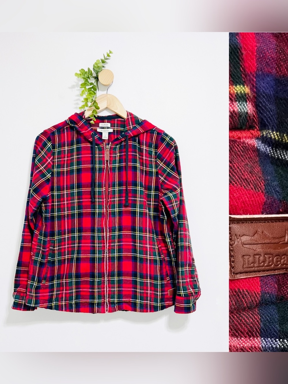LL Bean Red Plaid 100% Cotton Plaid Full Zip Hooded Flannel
